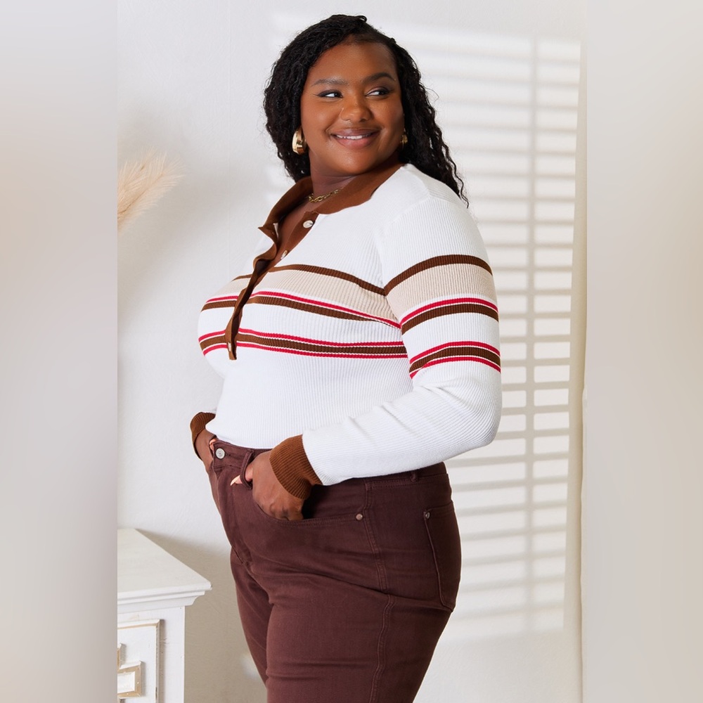 NEW**-Basic Bae Striped Collared Neck Rib-Knit Top OFFERS WELCOME - Picture 3 of 7